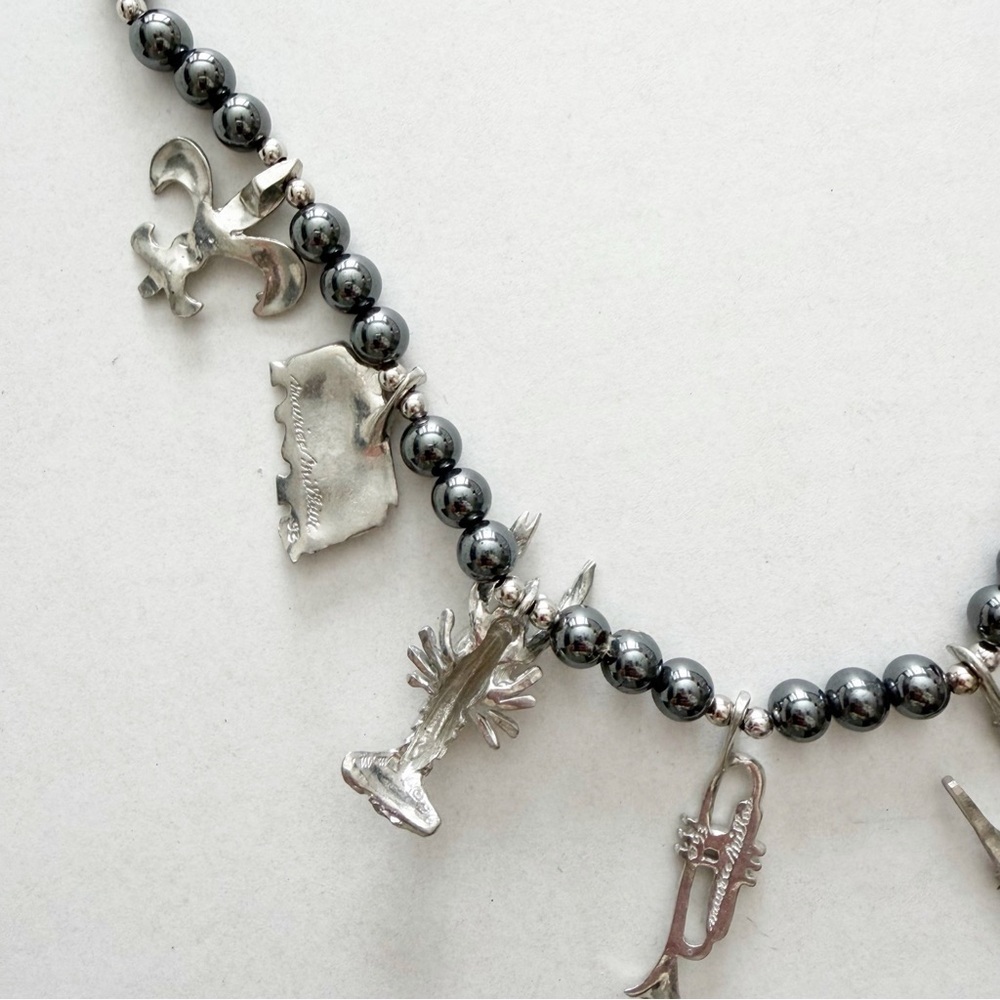 Maurice Milleur Charm Necklace Gumbo Necklace Hematite Pewter Beads Silver LSU - Picture 11 of 11